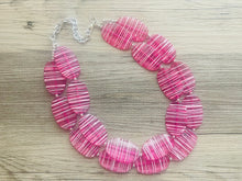 Load image into Gallery viewer, Dark Pink & White Striped Chunky Statement Necklace double Strand Beaded jewelry, bridesmaid bib magenta hot pink earrings