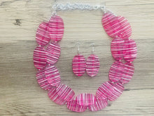 Load image into Gallery viewer, Dark Pink & White Striped Chunky Statement Necklace double Strand Beaded jewelry, bridesmaid bib magenta hot pink earrings