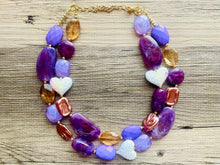 Load image into Gallery viewer, Lavender Haze Statement Necklace, chunky bib beaded jewelry, eggplant necklace, light purple beaded purple jewelry, tan lavender champagne