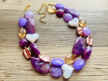Load image into Gallery viewer, Lavender Haze Statement Necklace, chunky bib beaded jewelry, eggplant necklace, light purple beaded purple jewelry, tan lavender champagne