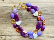 Load image into Gallery viewer, Lavender Haze Statement Necklace, chunky bib beaded jewelry, eggplant necklace, light purple beaded purple jewelry, tan lavender champagne