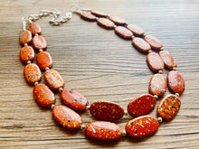 Load image into Gallery viewer, Paint splatter burnt orange Necklace, 2 Strand Statement Jewelry, orange Chunky bib bridesmaid everyday bubble jewelry earrings
