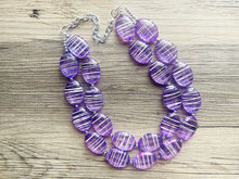 Load image into Gallery viewer, Textured Purple Statement Necklace, Big Beaded necklace, chunky beaded necklace wedding, lavender jewelry, white striped jewelry