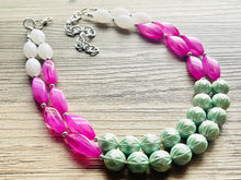 Load image into Gallery viewer, Green & Pink Double Statement Necklace, Chunky Jewelry Big Beaded Necklace, dark pink Necklace, magenta Jewelry bubble 2 strand