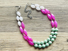 Load image into Gallery viewer, Green & Pink Double Statement Necklace, Chunky Jewelry Big Beaded Necklace, dark pink Necklace, magenta Jewelry bubble 2 strand