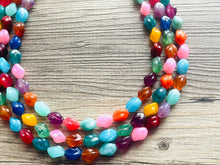 Load image into Gallery viewer, Triple Rainbow Beaded Necklace, Colorful Jewelry, Chunky statement necklace, jelly bean necklace, rainbow jewelry, rainbow baby confetti