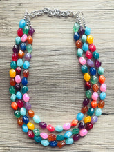 Load image into Gallery viewer, Triple Rainbow Beaded Necklace, Colorful Jewelry, Chunky statement necklace, jelly bean necklace, rainbow jewelry, rainbow baby confetti
