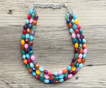 Load image into Gallery viewer, Triple Rainbow Beaded Necklace, Colorful Jewelry, Chunky statement necklace, jelly bean necklace, rainbow jewelry, rainbow baby confetti