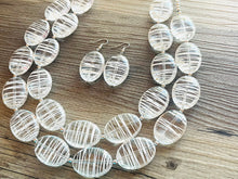 Load image into Gallery viewer, Textured Clear Statement Necklace, Big Beaded necklace, chunky beaded necklace wedding, acetate resin jewelry, white striped jewelry