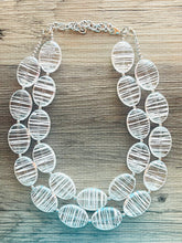 Load image into Gallery viewer, Textured Clear Statement Necklace, Big Beaded necklace, chunky beaded necklace wedding, acetate resin jewelry, white striped jewelry