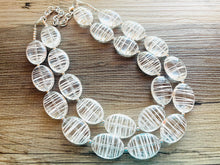 Load image into Gallery viewer, Textured Clear Statement Necklace, Big Beaded necklace, chunky beaded necklace wedding, acetate resin jewelry, white striped jewelry