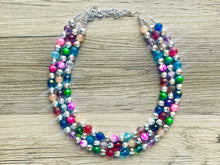 Load image into Gallery viewer, Shimmer Silver Jewels Chunky Rainbow Beaded Necklace, Colorful Jewelry statement necklace, big beaded necklace, rainbow jewelry baby