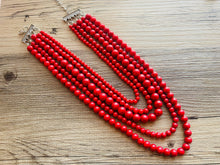 Load image into Gallery viewer, Red Graduated 5 Strand statement necklace, dark red big beaded chunky jewelry, fall statement necklace ball beaded bubble earrings