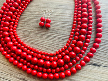 Load image into Gallery viewer, Red Graduated 5 Strand statement necklace, dark red big beaded chunky jewelry, fall statement necklace ball beaded bubble earrings