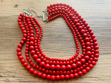 Load image into Gallery viewer, Red Graduated 5 Strand statement necklace, dark red big beaded chunky jewelry, fall statement necklace ball beaded bubble earrings