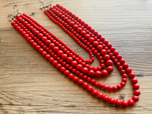 Load image into Gallery viewer, Red Graduated 5 Strand statement necklace, dark red big beaded chunky jewelry, fall statement necklace ball beaded bubble earrings