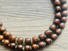 Load image into Gallery viewer, 2 Strand Wood & Gold Beaded Necklace, brown Jewelry Chunky statement necklace, big beaded necklace jewelry, natural smooth wood