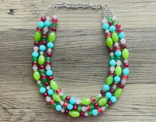 Load image into Gallery viewer, Watermelon picnic OOAK chunky beaded statement necklace, neon pink mint lime raspberry necklace jewelry, beaded vacation necklace