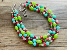 Load image into Gallery viewer, Watermelon picnic OOAK chunky beaded statement necklace, neon pink mint lime raspberry necklace jewelry, beaded vacation necklace