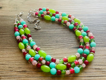 Load image into Gallery viewer, Watermelon picnic OOAK chunky beaded statement necklace, neon pink mint lime raspberry necklace jewelry, beaded vacation necklace
