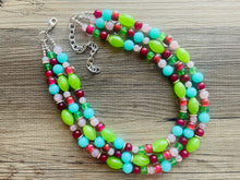 Load image into Gallery viewer, Watermelon picnic OOAK chunky beaded statement necklace, neon pink mint lime raspberry necklace jewelry, beaded vacation necklace
