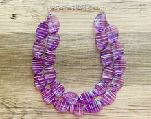 Load image into Gallery viewer, Textured Purple Statement Necklace, Big Beaded necklace, chunky beaded necklace wedding, lavender jewelry, white striped jewelry