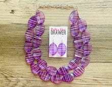 Load image into Gallery viewer, Textured Purple Statement Necklace, Big Beaded necklace, chunky beaded necklace wedding, lavender jewelry, white striped jewelry