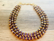 Load image into Gallery viewer, Grape Glass & gold Sparkle Statement Necklace, Chunky 3 Strand Jewelry, purple necklace silver necklace, dark purple eggplant bib necklace