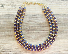 Load image into Gallery viewer, Grape Glass & gold Sparkle Statement Necklace, Chunky 3 Strand Jewelry, purple necklace silver necklace, dark purple eggplant bib necklace