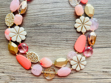 Load image into Gallery viewer, Love & Light Statement Necklace, chunky bib beaded jewelry, Rainbow jewelry, coral peach gold acrylic jewelry pink resin