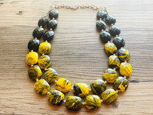 Load image into Gallery viewer, Bubble bee Swirl Yellow Statement Necklace, chunky bib beaded jewelry, Summer jewelry, black necklace, beaded acrylic jewelry bumblebee