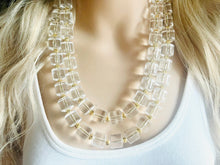 Load image into Gallery viewer, Acrylic Chunky Clear Crystal Statement Necklace, Everyday neutral jewelry, gold accents chunky bib resin acetate beaded geometric set