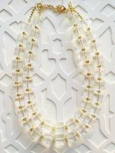 Load image into Gallery viewer, Acrylic Chunky Clear Crystal Statement Necklace, Everyday neutral jewelry, gold accents chunky bib resin acetate beaded geometric set