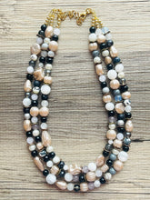 Load image into Gallery viewer, Neutral Gold Chunky Statement Necklace, multi Strand Beaded Jewelry Champagne gray glass jewelry, 3 strand chunky bib confetti fall necklace