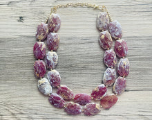 Load image into Gallery viewer, Drenched Cranberry Necklace, Double strand bright jewelry, big beaded chunky statement, summer necklace Marsala dark red maroon gold