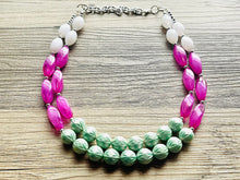 Load image into Gallery viewer, Green & Pink Double Statement Necklace, Chunky Jewelry Big Beaded Necklace, dark pink Necklace, magenta Jewelry bubble 2 strand