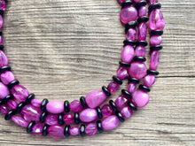 Load image into Gallery viewer, Orchid Purple + Black Chunky Statement Necklace, Big beaded jewelry, Triple Strand Statement Necklace, Bib gold, bridesmaid wedding