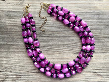 Load image into Gallery viewer, Orchid Purple + Black Chunky Statement Necklace, Big beaded jewelry, Triple Strand Statement Necklace, Bib gold, bridesmaid wedding