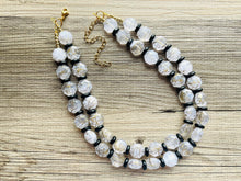 Load image into Gallery viewer, Black & Gold Jewel Statement Necklace, Chunky 2 Strand Jewelry, gold necklace, black white bib beaded necklace thick collar bead metal