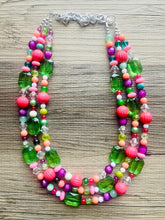 Load image into Gallery viewer, Strawberry Kiwi Chunky Statement Necklace, Coral mint beaded jewelry, Multi Strand Bib Necklace, Beaded necklace green hot pink