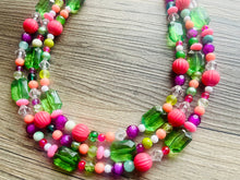 Load image into Gallery viewer, Strawberry Kiwi Chunky Statement Necklace, Coral mint beaded jewelry, Multi Strand Bib Necklace, Beaded necklace green hot pink