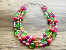 Load image into Gallery viewer, Strawberry Kiwi Chunky Statement Necklace, Coral mint beaded jewelry, Multi Strand Bib Necklace, Beaded necklace green hot pink