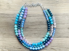 Load image into Gallery viewer, Tributaries Statement Necklace, chunky bib beaded jewelry, Summer blue purple green necklace, beaded glass jewelry lavender chambray
