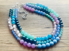 Load image into Gallery viewer, Tributaries Statement Necklace, chunky bib beaded jewelry, Summer blue purple green necklace, beaded glass jewelry lavender chambray