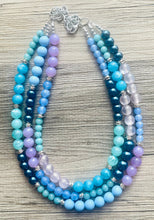 Load image into Gallery viewer, Tributaries Statement Necklace, chunky bib beaded jewelry, Summer blue purple green necklace, beaded glass jewelry lavender chambray