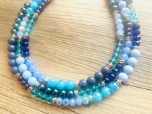 Load image into Gallery viewer, Tributaries Statement Necklace, chunky bib beaded jewelry, Summer blue aqua necklace, beaded glass jewelry navy blue teal chambray