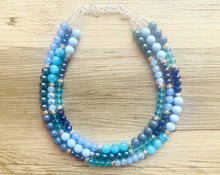 Load image into Gallery viewer, Tributaries Statement Necklace, chunky bib beaded jewelry, Summer blue aqua necklace, beaded glass jewelry navy blue teal chambray