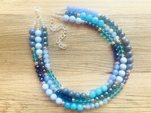 Load image into Gallery viewer, Tributaries Statement Necklace, chunky bib beaded jewelry, Summer blue aqua necklace, beaded glass jewelry navy blue teal chambray