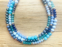 Load image into Gallery viewer, Tributaries Statement Necklace, chunky bib beaded jewelry, Summer blue aqua necklace, beaded glass jewelry navy blue teal chambray