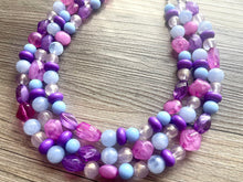 Load image into Gallery viewer, Summer Sunday Chunky Statement Necklace, pink purple blue beaded jewelry, Multi Strand Bib periwinkle Resin Beaded necklace bubblegum